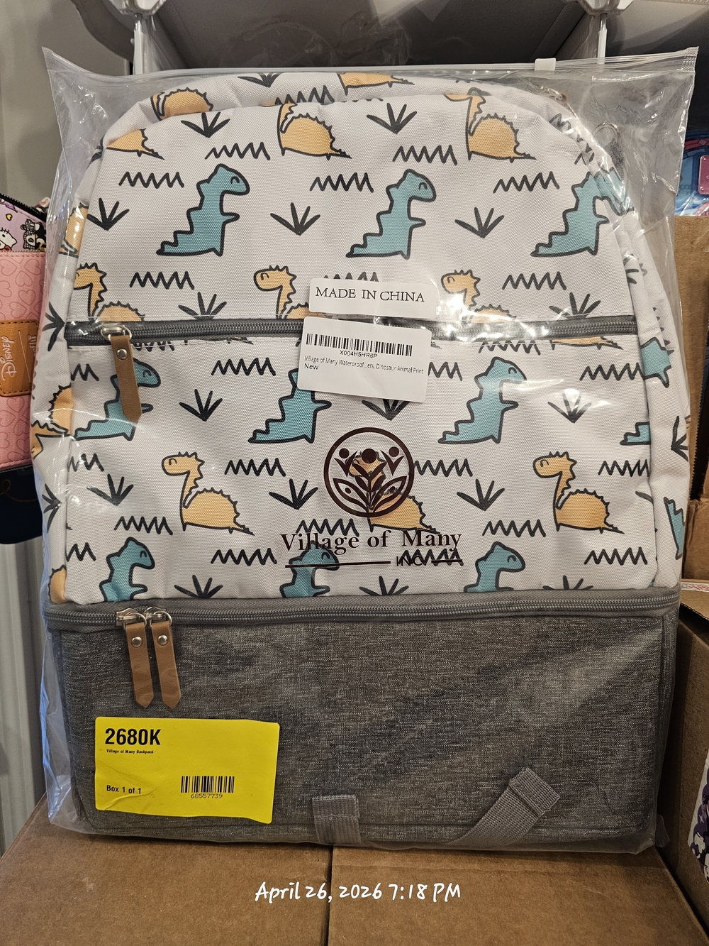 Dinosaur Print Backpack in White with Teal & Yellow Accents